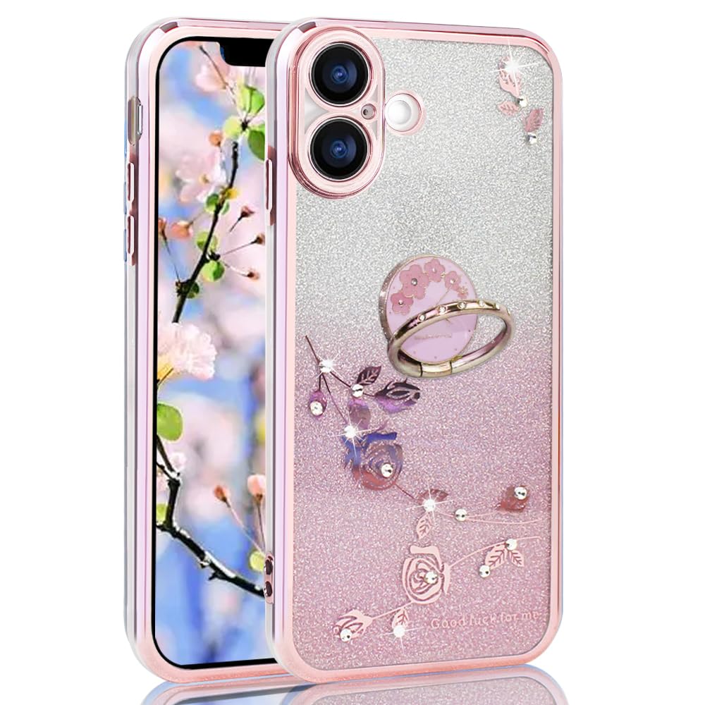 JOOBOY スマホケース 対応 iPhone 17 ケース リング付き クリア キラキラ メッキ加工 花柄 ソフトケース TPU 薄型 おしゃれ かわいい 衝撃吸収 ブランド アイフォン17 カバー (ピンク, iPhone 17)