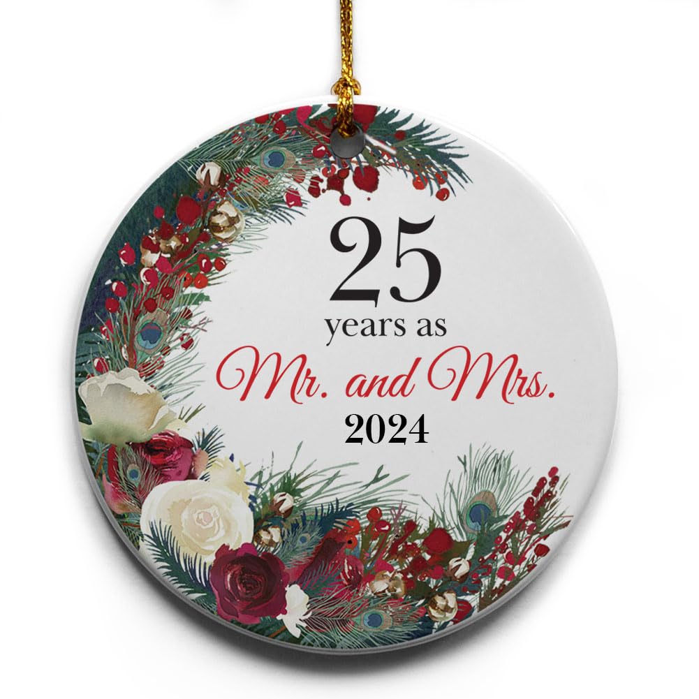 25 Years as Mr. and Mrs. Wreath Ceramic Christmas Tree Ornament Collectible Holiday Keepsake 2.875" Round Ornament in Decorative Gift Box with Bow- Perfect 25th Wedding