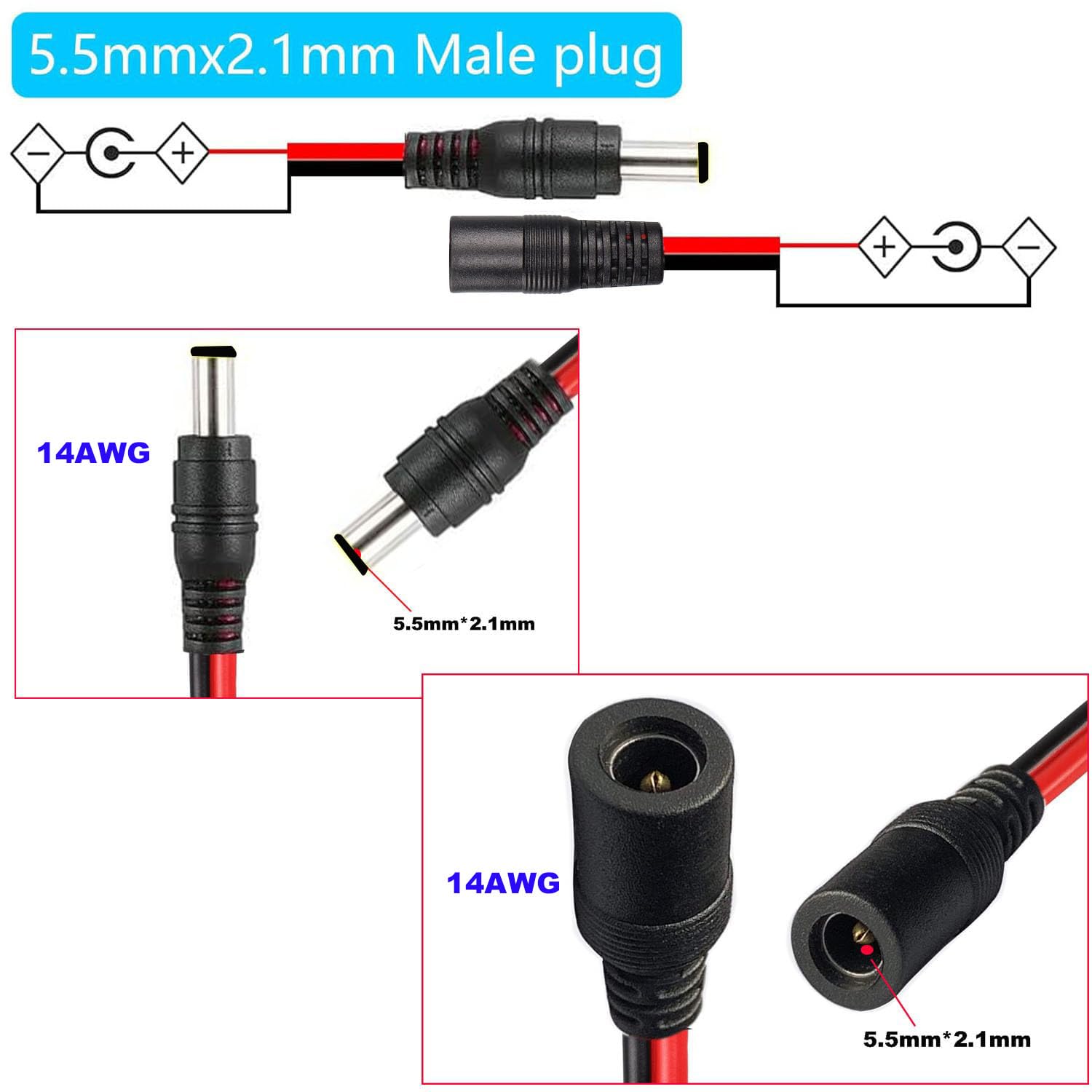 RUNCCI-YUN 2 stuks 14 AWG 12 V 5,5 mm x 2,5 mm DC Power Pigtail-kabel, 5525 DC power jack barrel connector voor thuisbeveiliging, bewakingscamera en feestverlichting (1,0 m