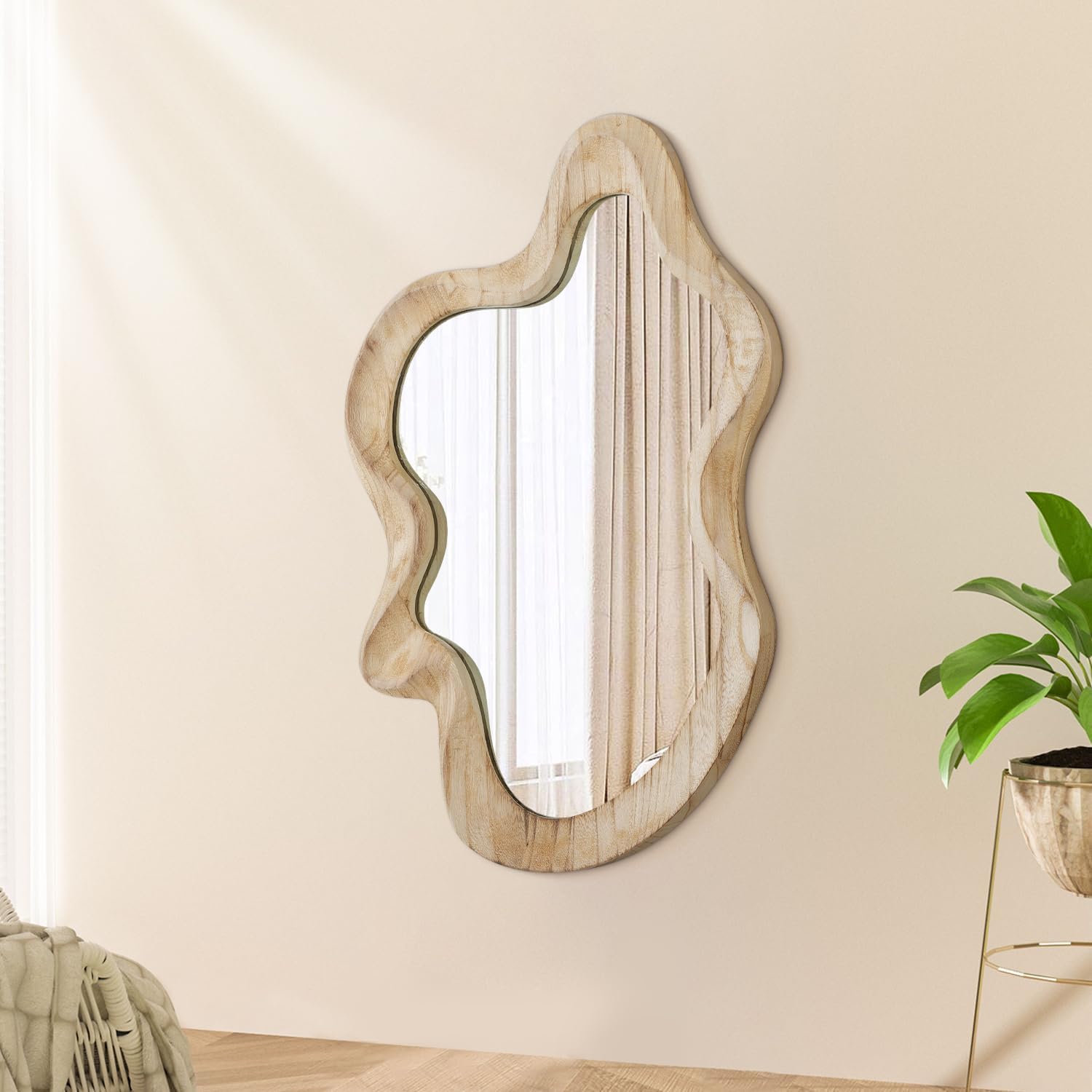 Large Asymmetrical Wall Mirror Irregular Wood Frame Modern Unique Wall-Mounted Artistic Wavy Mirrors Decor Bathroom Vanity Bedroom Living Room Entryway Hallway 55x37cm Natural