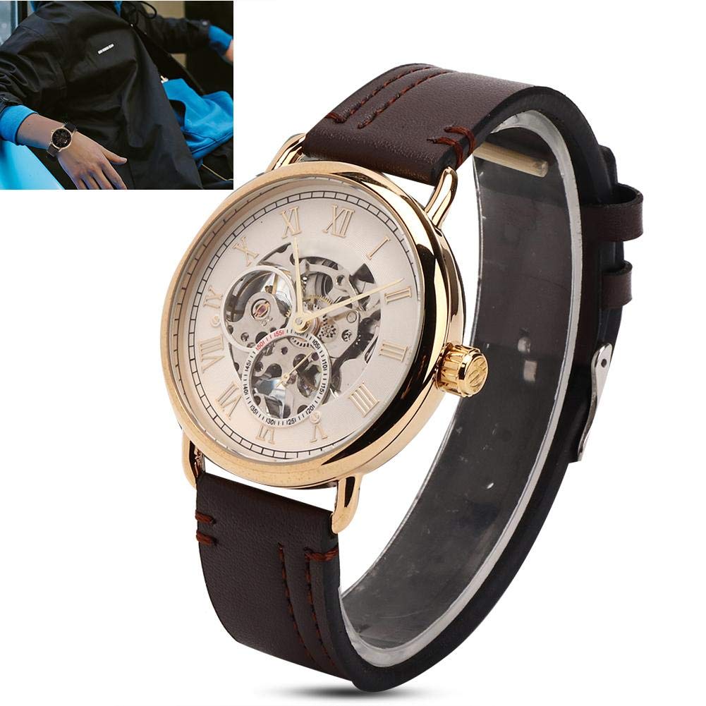 Reloj de pulsera mecánico semi automático, 46mm | Estilo moderno, diseño esqueleto, correa de cuero PU, resistente al agua, adecuado para uso diario, fiestas, regalos.