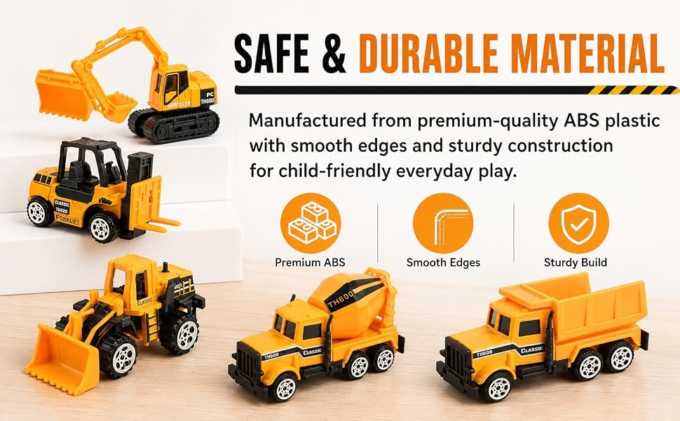 Image of Mini Construction Vehicle Toy Set for Kids - 6 PCS Free Wheel Engineering Trucks with Excavator, Bulldozer, Forklift, Dumper, Road Roller & Cement Mixer, Educational Toys