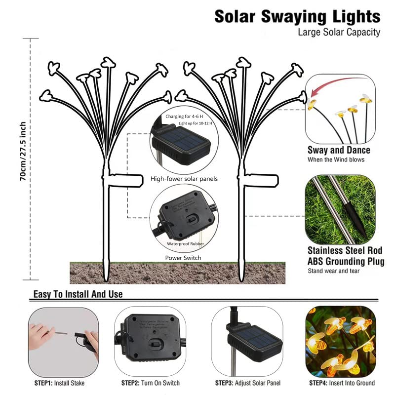 Lerelin Solar Lights Outdoor Garden,Bees Solar Lights 4 Pack 8 LED Light Bulbs Waterproof,Starburst Swaying Firefly Solar Garden Lights for Garden,Yard - Image 4