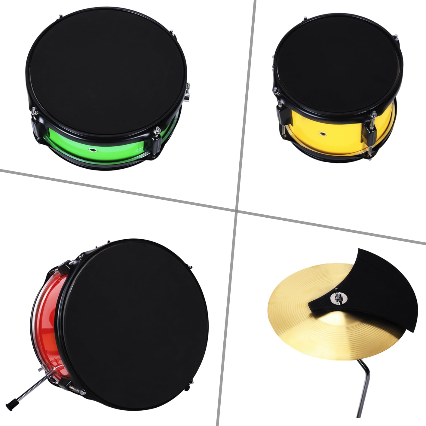 Lexington 3 PC, Schlagzeug Set mit Snare, Tom, Bass Drum, Bass Drum Pedal, Thron, Becken, Drumsticks, Rot, Gelb, Grün