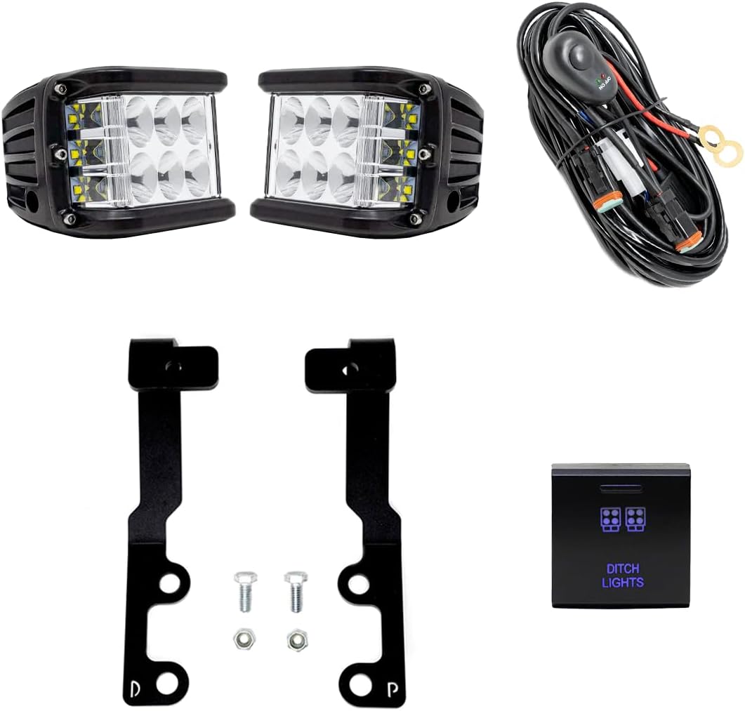 Cali Raised LED Low Profile Ditch Light Brackets Kit Fits 2022+ Tundra (Brackets with 27W Side Projecting LED Pods and Wiring Harness, Square Style Ditch Light Switch)