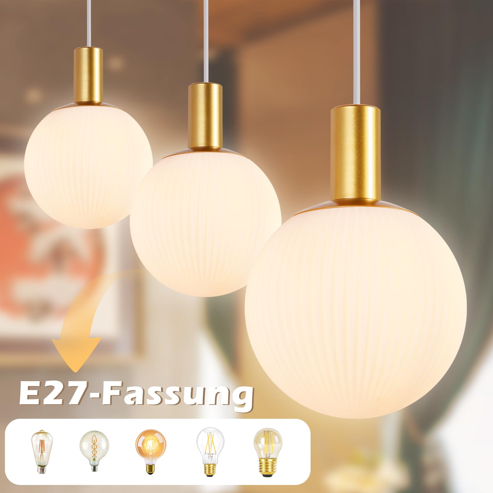 CBJKTX Pendelleuchte Esstisch Hängeleuchte Glas mit 6 Stück E27 Leuchtmittel - Gold 3 Flammig Hängelampe Esstischlampe Hängend Höhenverstellbar Pendellampe Modern für Esszimmer Küche Wohnzimmer Flur