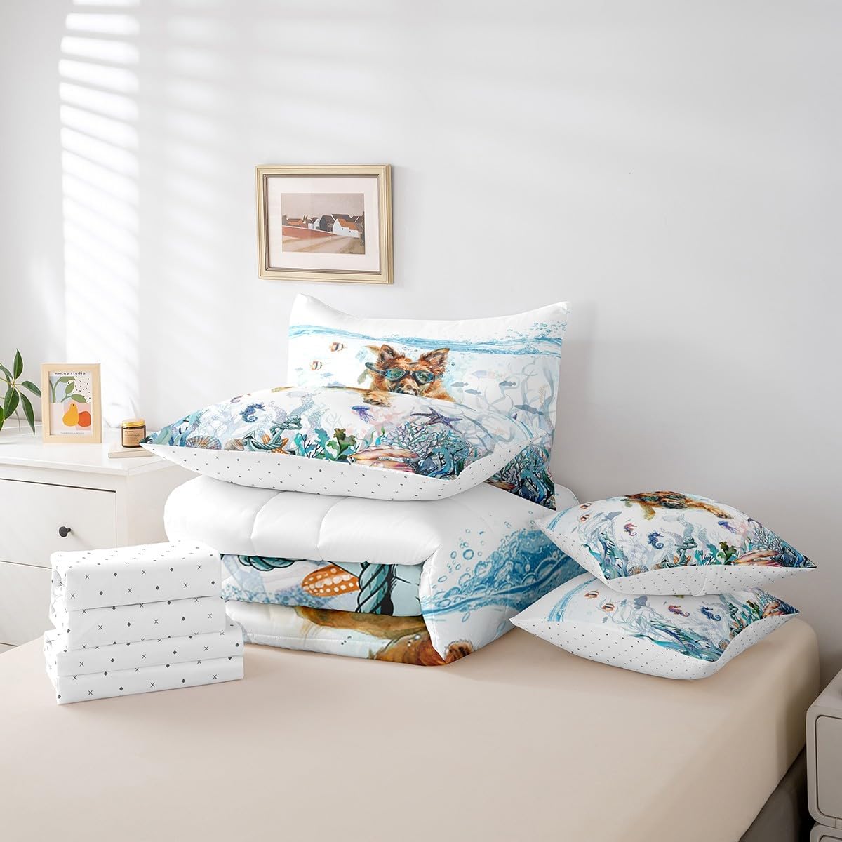 Feelyou Cute Dog 7 Pieces Bedding Set German Shepherd Full Comforter Set with Sheets for Kids Boys Girls Room Decor Ocean Bed in a Bag Puppy Dog Bed Set