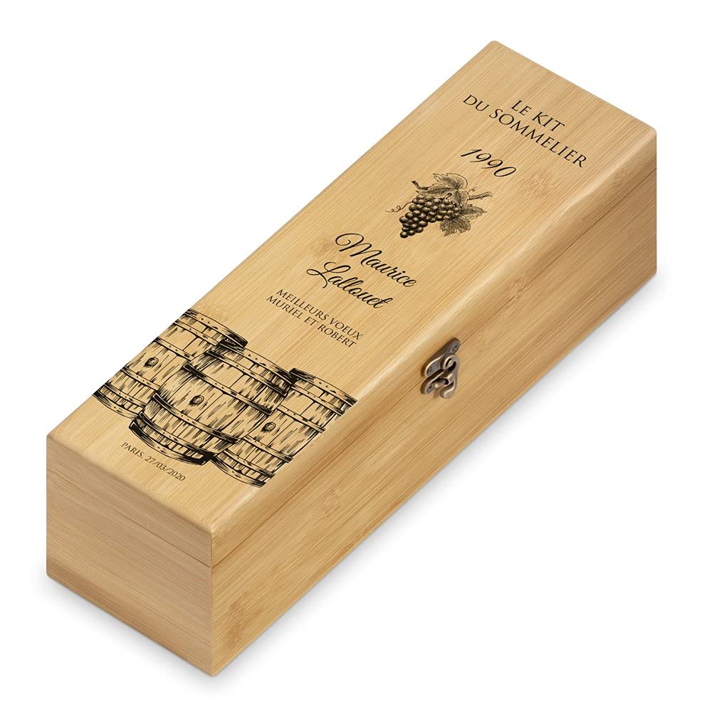 Maverton Coffret à bouteille en bambou, Cadeau d'accessoires pour le vin, Set sommelier personnalisé, Cadeau pour chaque homme - Cadeau Noel - vigne