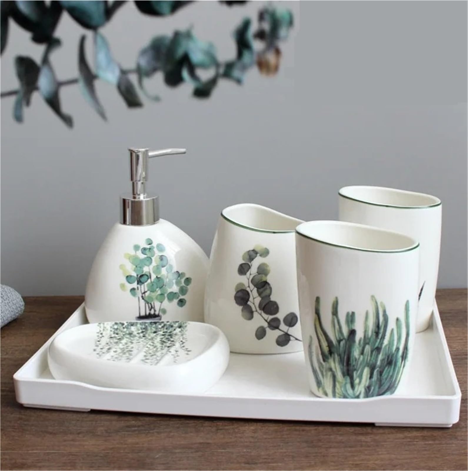 Set di accessori da bagno in ceramica nordica con piante verdi bianche(WHITE tray2)