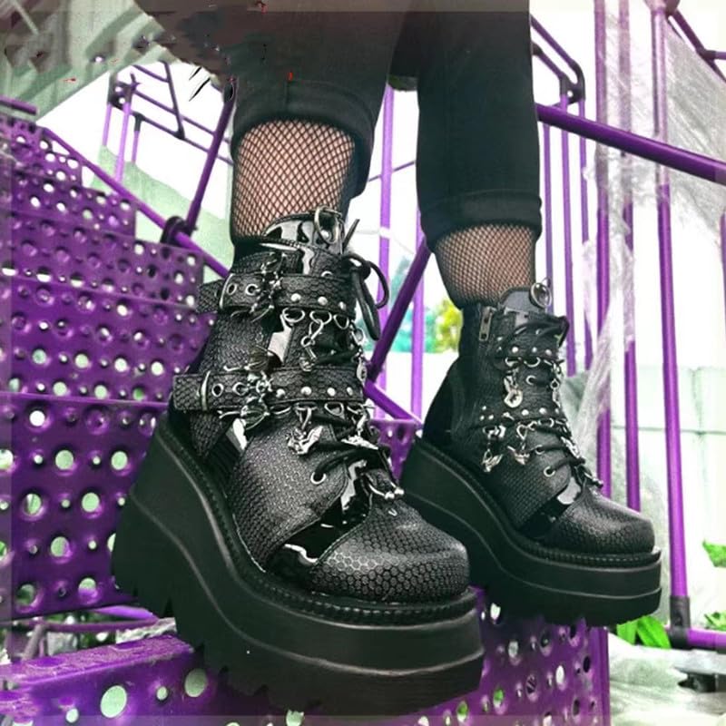 Image of Womens Goth Platform Boots Chunky High Heel Booties Round Toe Combat Ankle Boots Womens Lace Up Motorcycle Wedges Shoes