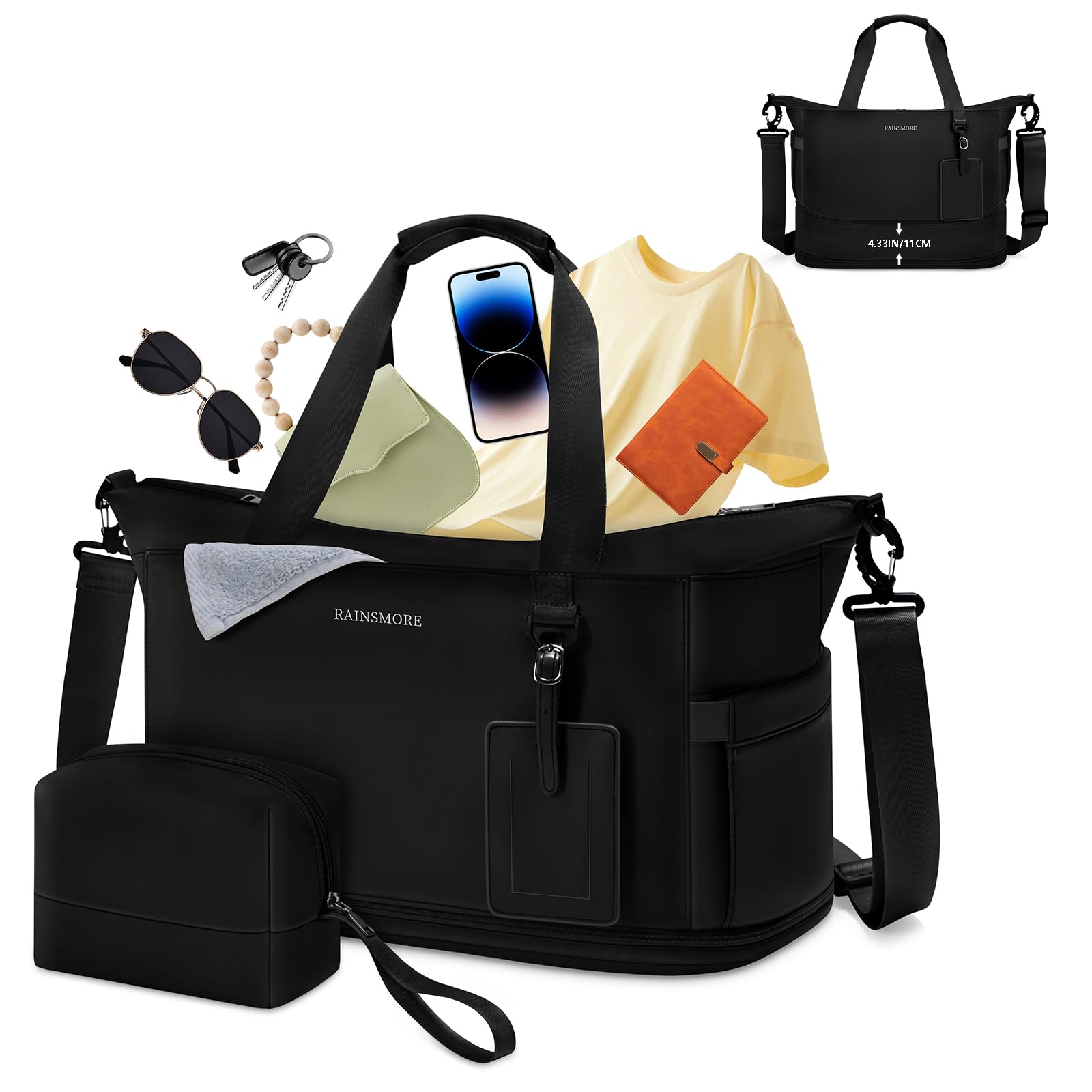 RAINSMORE Travel Bag Gym Bags for Women & Men Expandable Weekender Bags with Dry Wet Separated Overnight Bag Personal Item Carry on Bags Tote Duffle Bag for Mommy Sports Hospital, Black