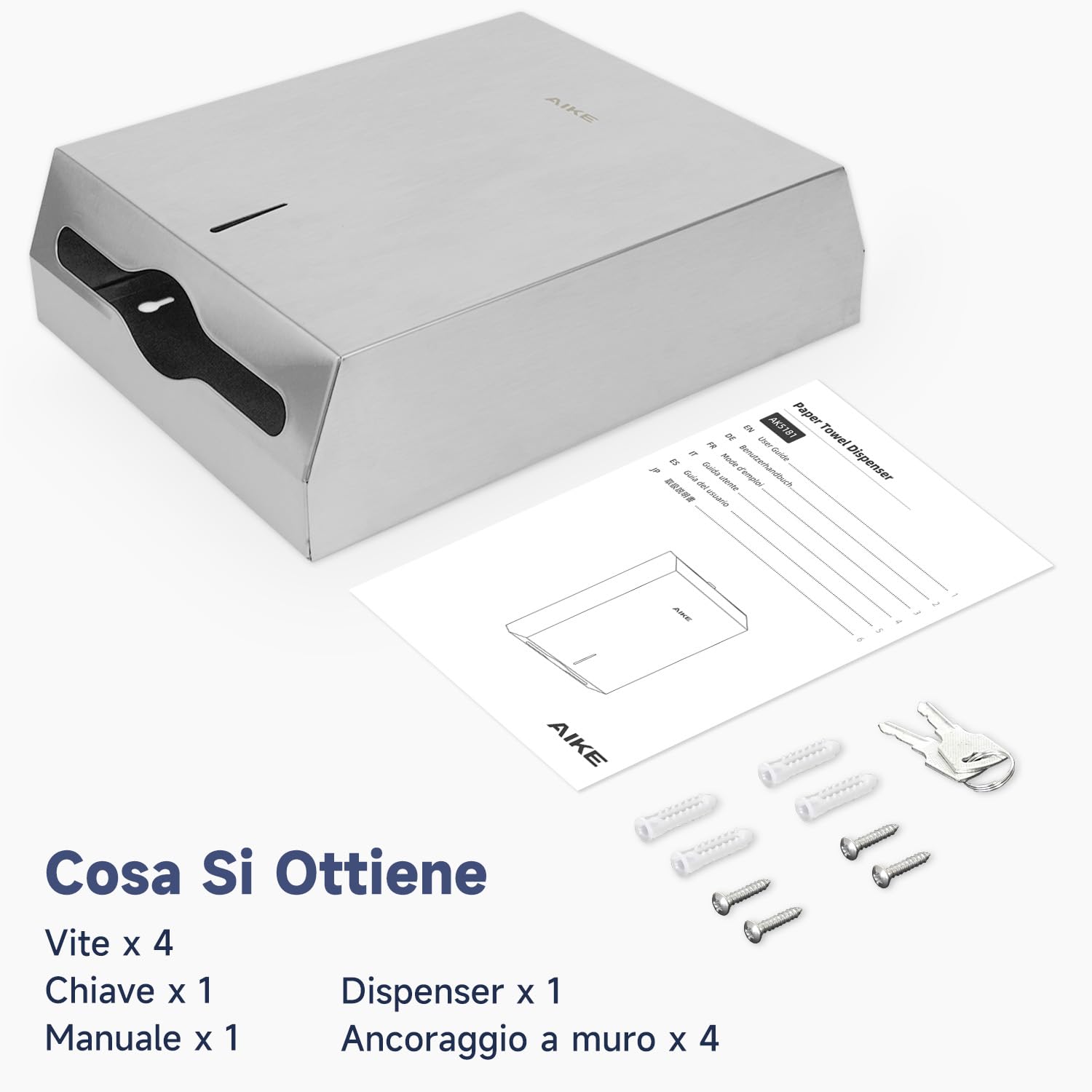 AIKE 400 Fogli Distributore di Asciugamani di Carta Commerciale in Acciaio Inox a Muro con Blocco AK5181 (H2 & Z-Fold Formato Carta Piegata 27 x 10 cm O Più Piccolo)