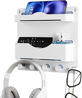 JUMEIHUI Bedside Wall Shelf with Glasses Hooks ，Adhesive Bedside Organizer Wall Mount for Dorm and Room Accessories Phone，Remote，Earphone， Kindle (White)
