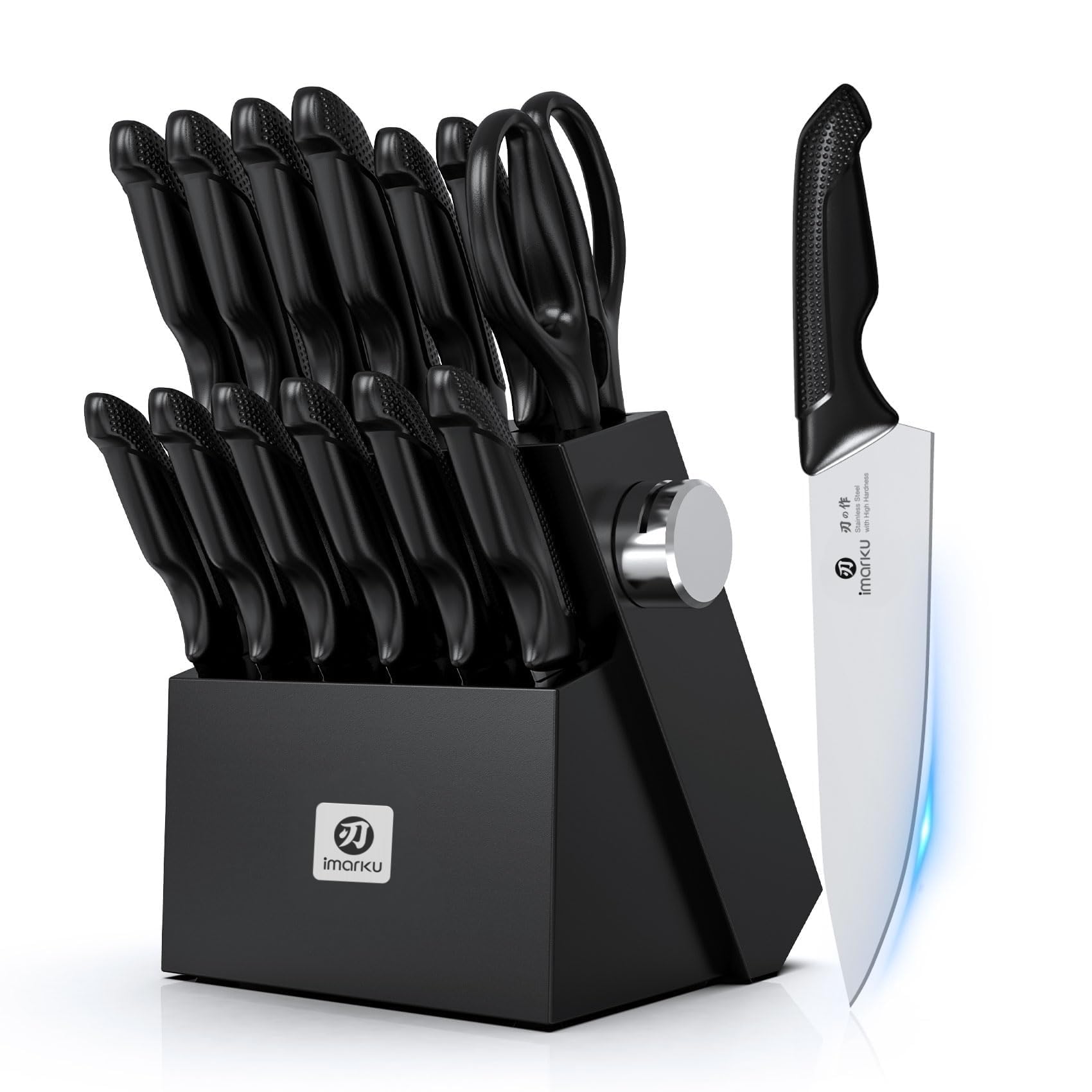 imarku 14 Pieces Professional Stainless Steel Kitchen Knife Set, Includes Knife Base, Sharpener and Scissors, Knife Set, Dishwasher Safe, with Ergonomic Handle, Black