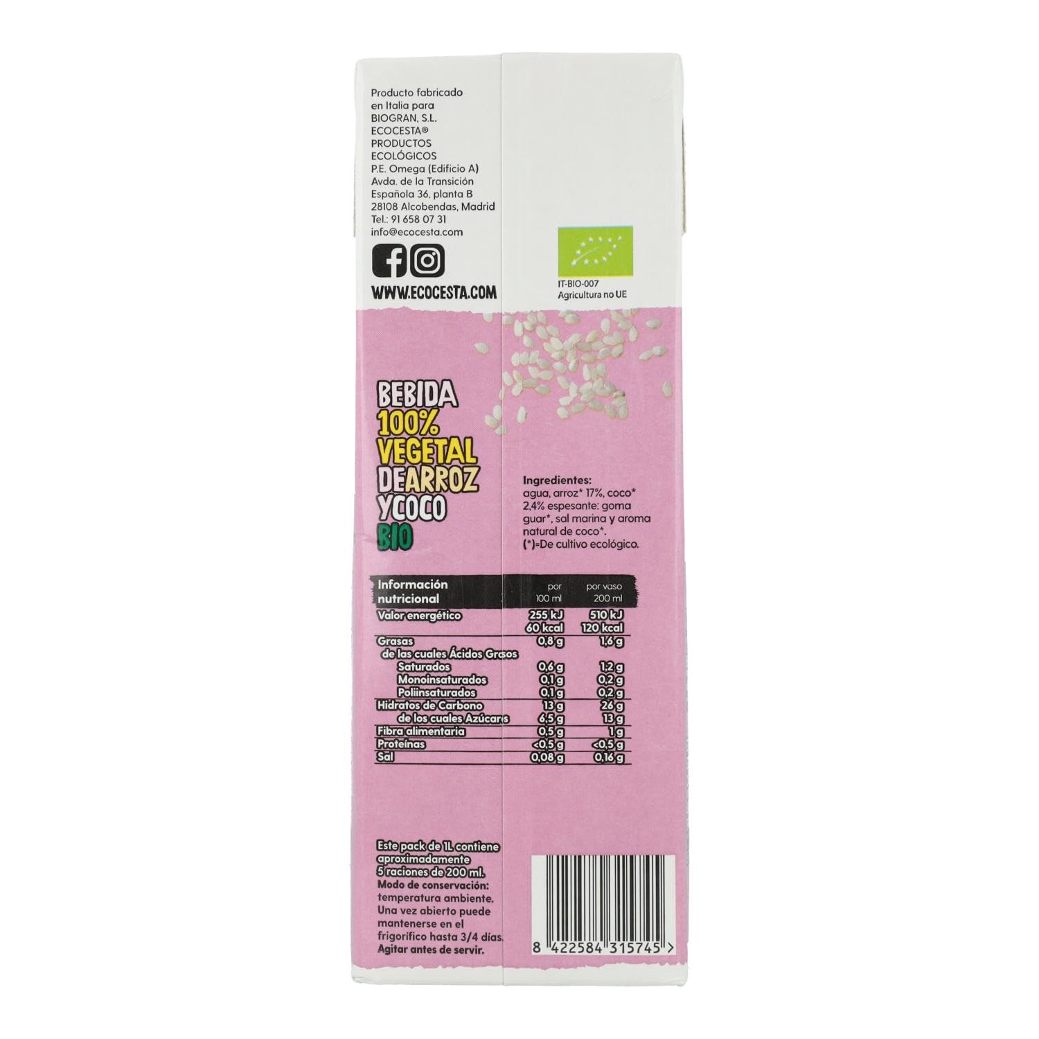 Ecocesta bebida vegetal de arroz y coco Bio 6 X 1L