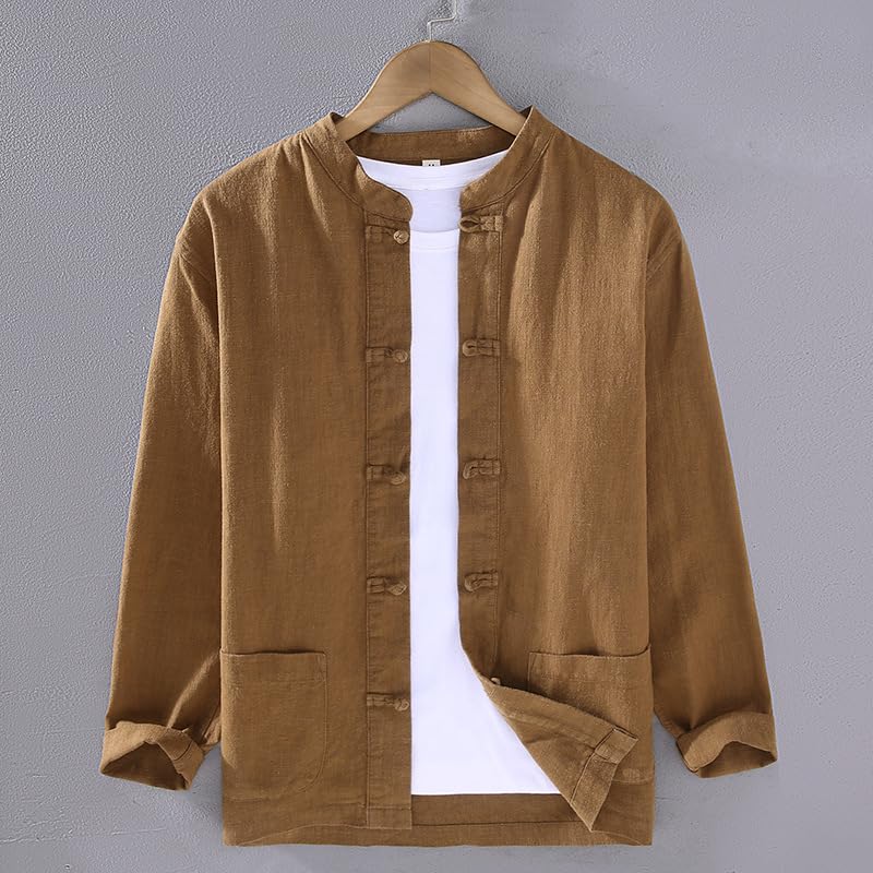 GUOYUXIAO Men's Tang Suit, Cotton Linen Long Sleeve, Chinese Style, Knot Button, Zen Tea Ceremony and Tai Chi Outfit2