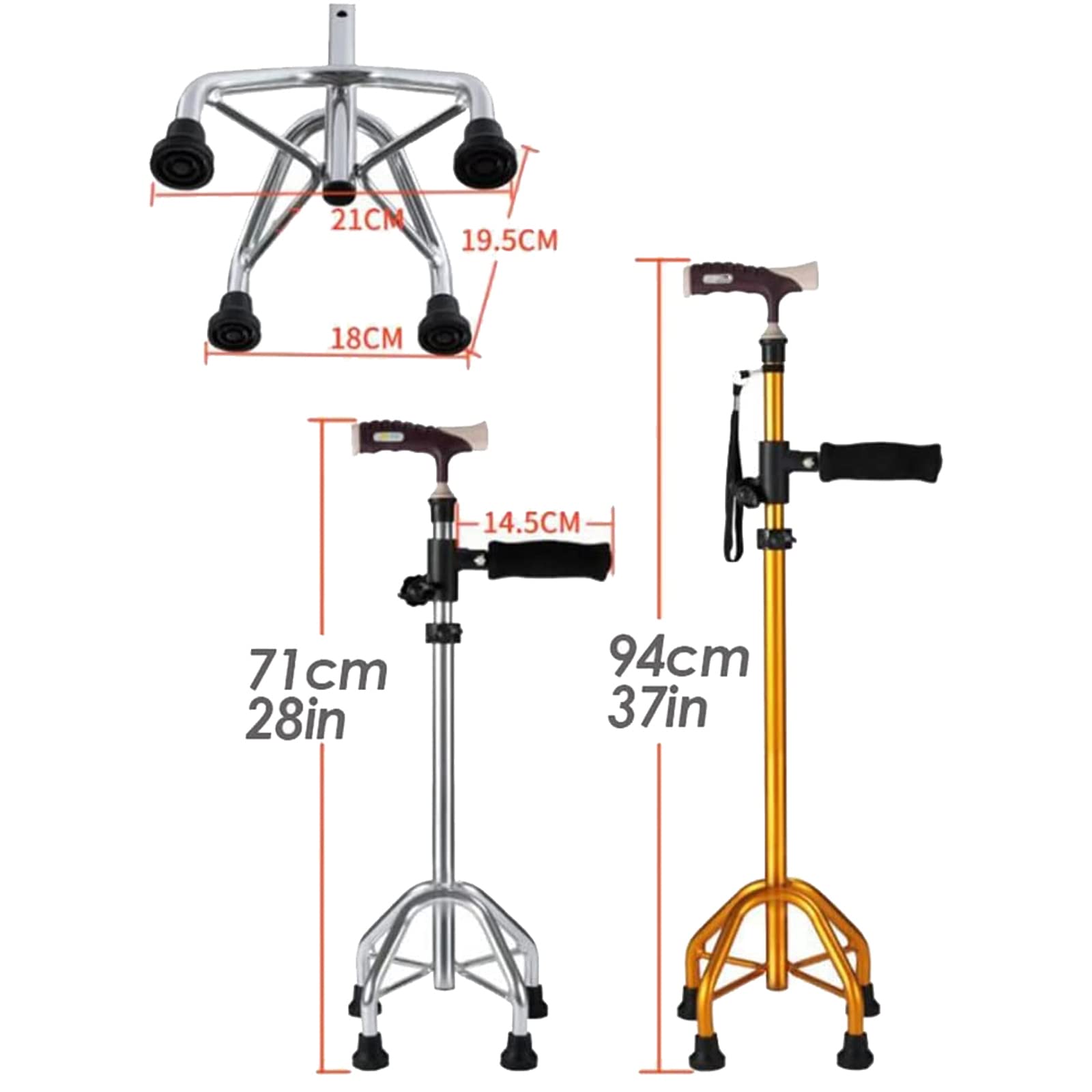 Quad Cane z podwójnym uchwytem, aluminiowa laska do chodzenia z regulacją wysokości, dla osób starszych, zawiera 4 zapasowe podkładki pod stopy
