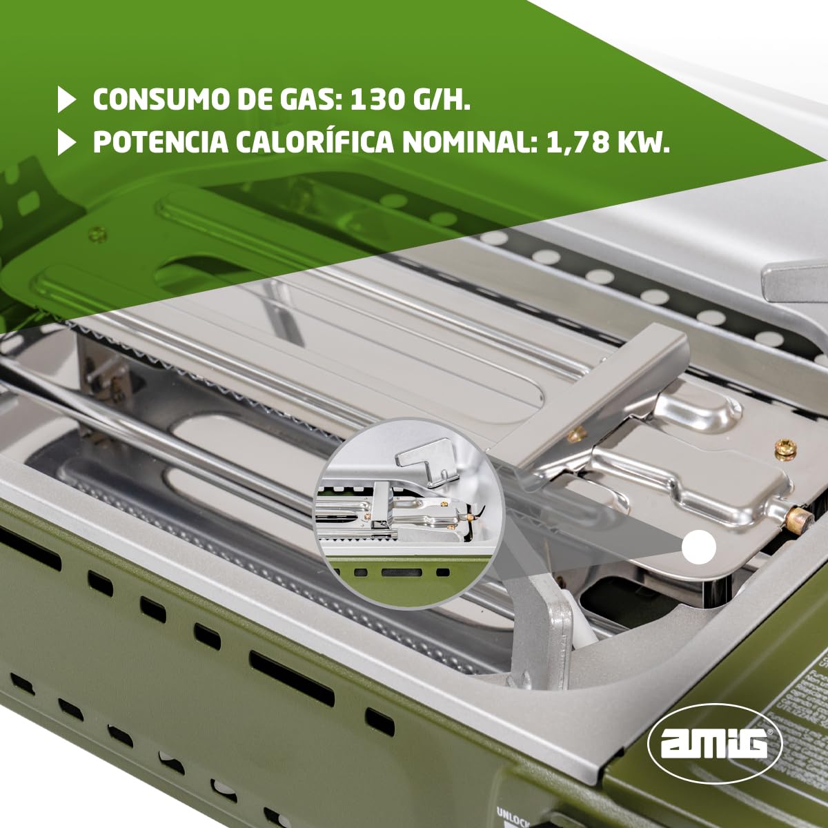 Amig - Camping Gas - Cocina Portátil - Hornillo Grill - Parrilla De Fundición De Aluminio - Con Bandeja Recoge Grasas De Acero Inoxidable - 1,8 Kw Potencia - Cartuchos B-250