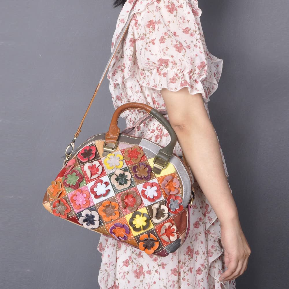 Downupodwn Dome Satchel Bag for Women Genuine Leather Top Handle Handbags 3D Floral Purse Tote Bags Crossbody Shoulder Bag -Multicolour