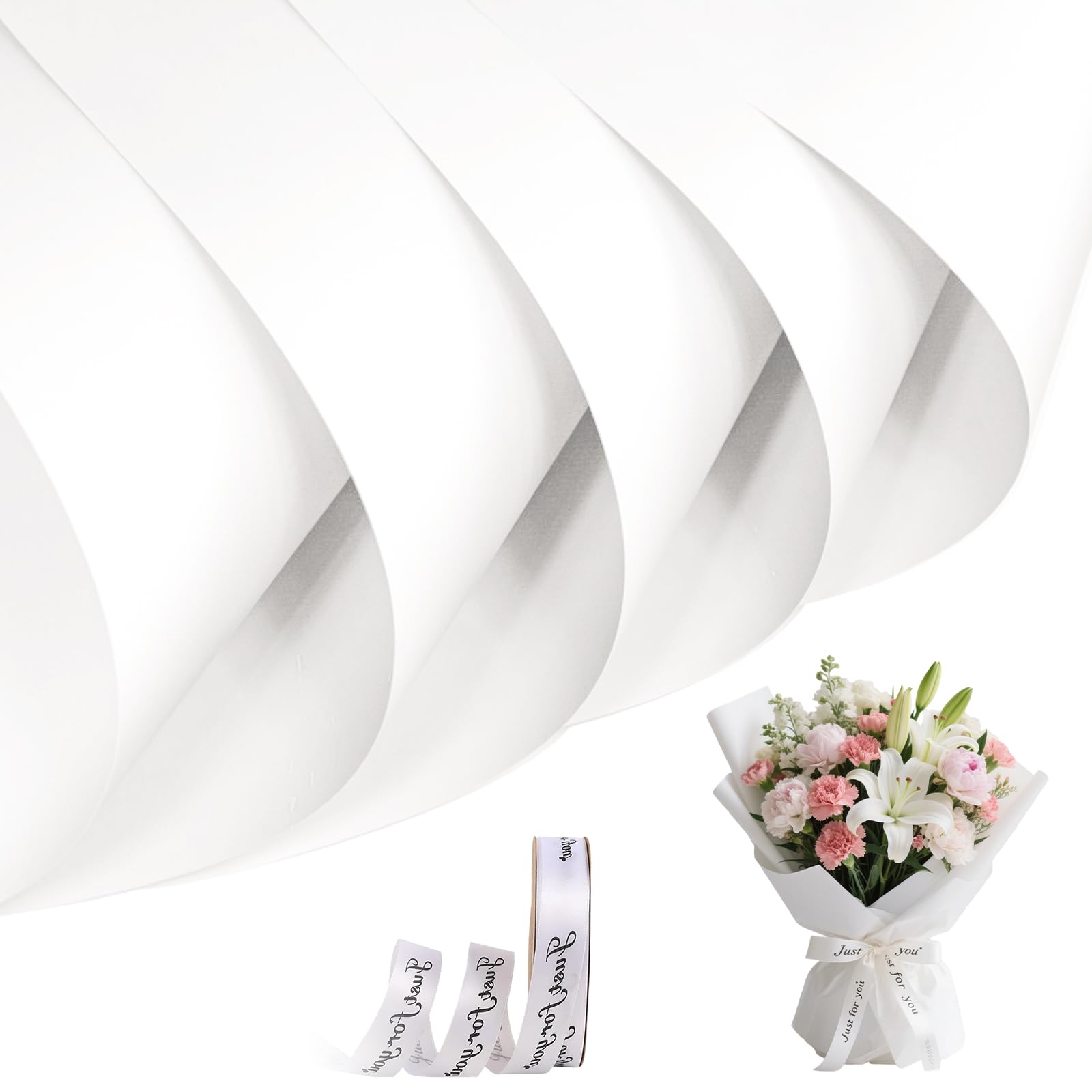 20 Sheets Flower Bouquet Wrapping Paper,Waterproof Flower Wrapping Paper,Flowers Gift Wrapping Paper with Rolls Ribbons for DIY crafts,Flowers Shop Bouquet Packaging (White) โ image 1