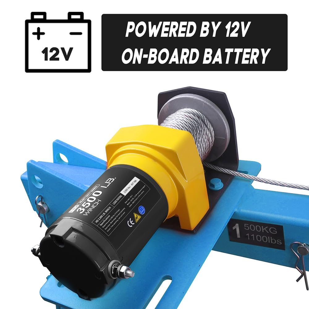 Pismire Gru a braccio pieghevole da 500 kg con verricello elettrico da 1590 kg, 12 V - Rotazione a 360°, telecomando doppio (a infrarossi + cablato), in acciaio verniciato per pickup, blu