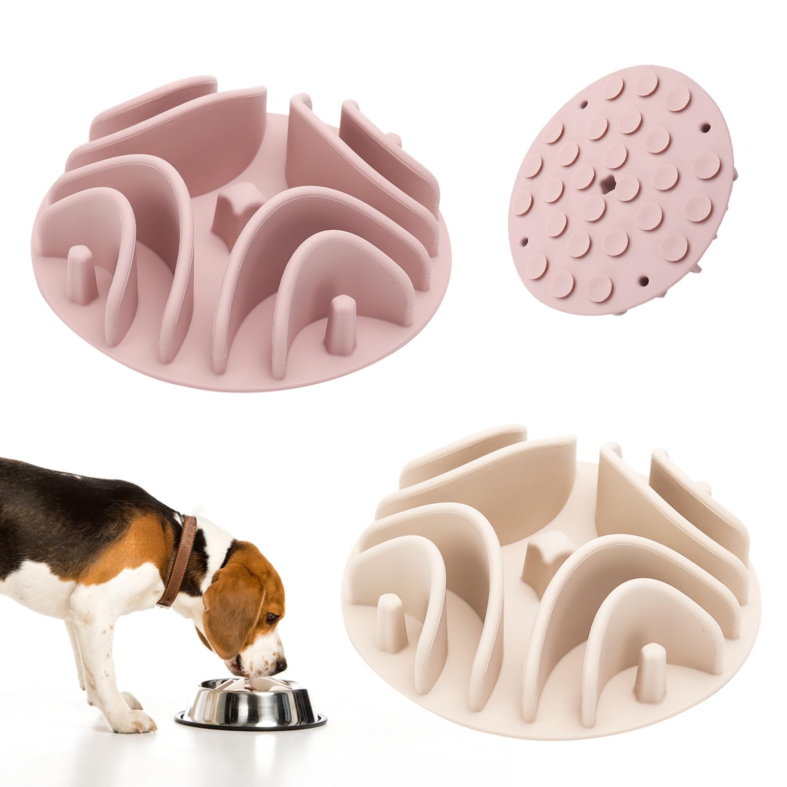 2 Pcs Slow Feeder Insert for Dog Bowl, Anti-Choking Silicone with Strong Suction Cups, Fits Most Dog Bowls, Ideal for Medium, Large Breeds (White+Pink)