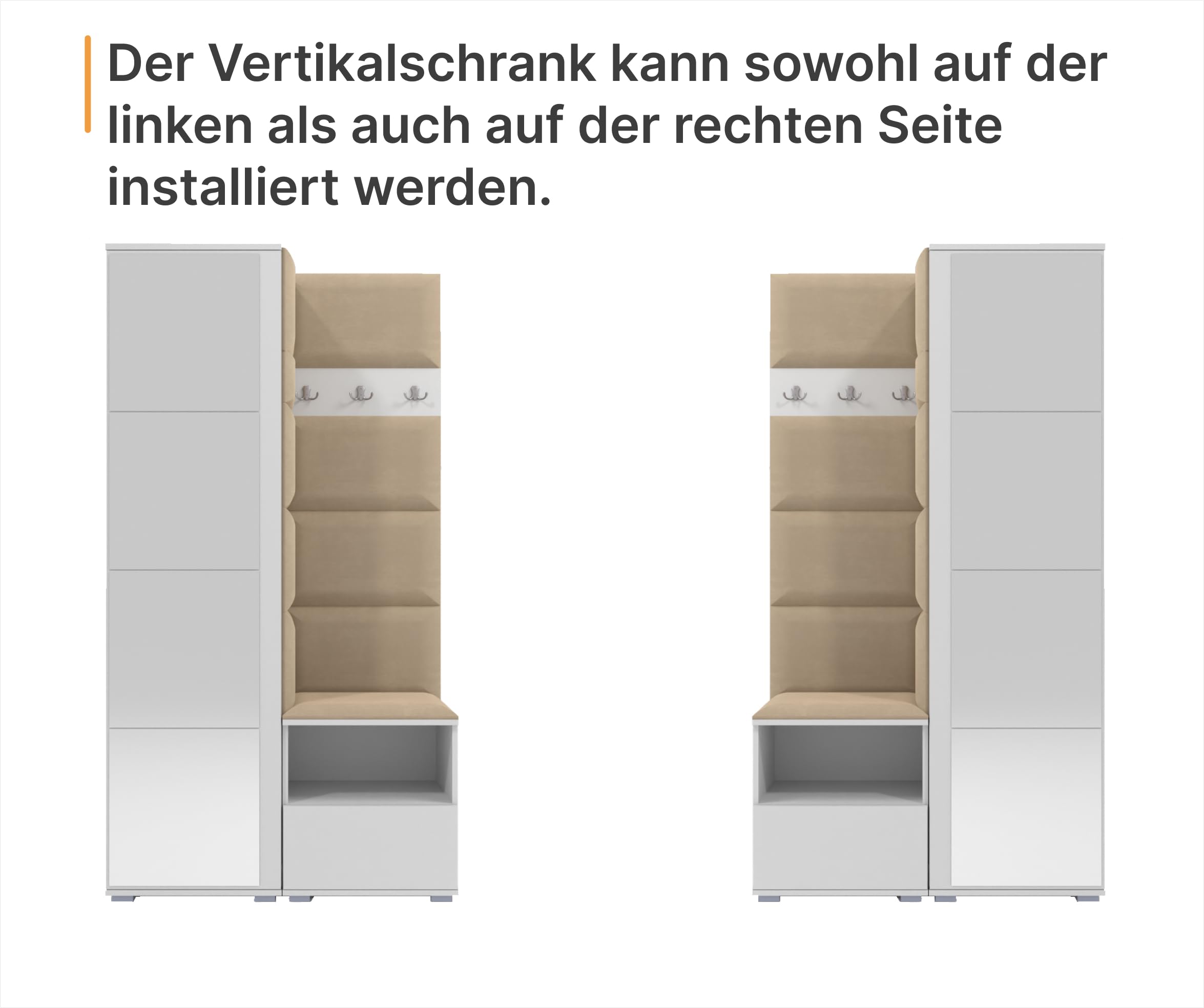 RAVIO Flurgarderobe 100 cm mit Kleiderschrank & Spiegel, Garderobenset Flur mit Schuhschrank, Sitzbank, Garderobenpaneel, Wandpolster - Weiß/Creme