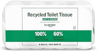by Amazon ECO Toilettenpapier, 3-lagig 100% Recycelt, 8 Rollen (8 Rollen, 1-er Pack) 200 Blätter pro Rolle, FSC-Zertifiziert