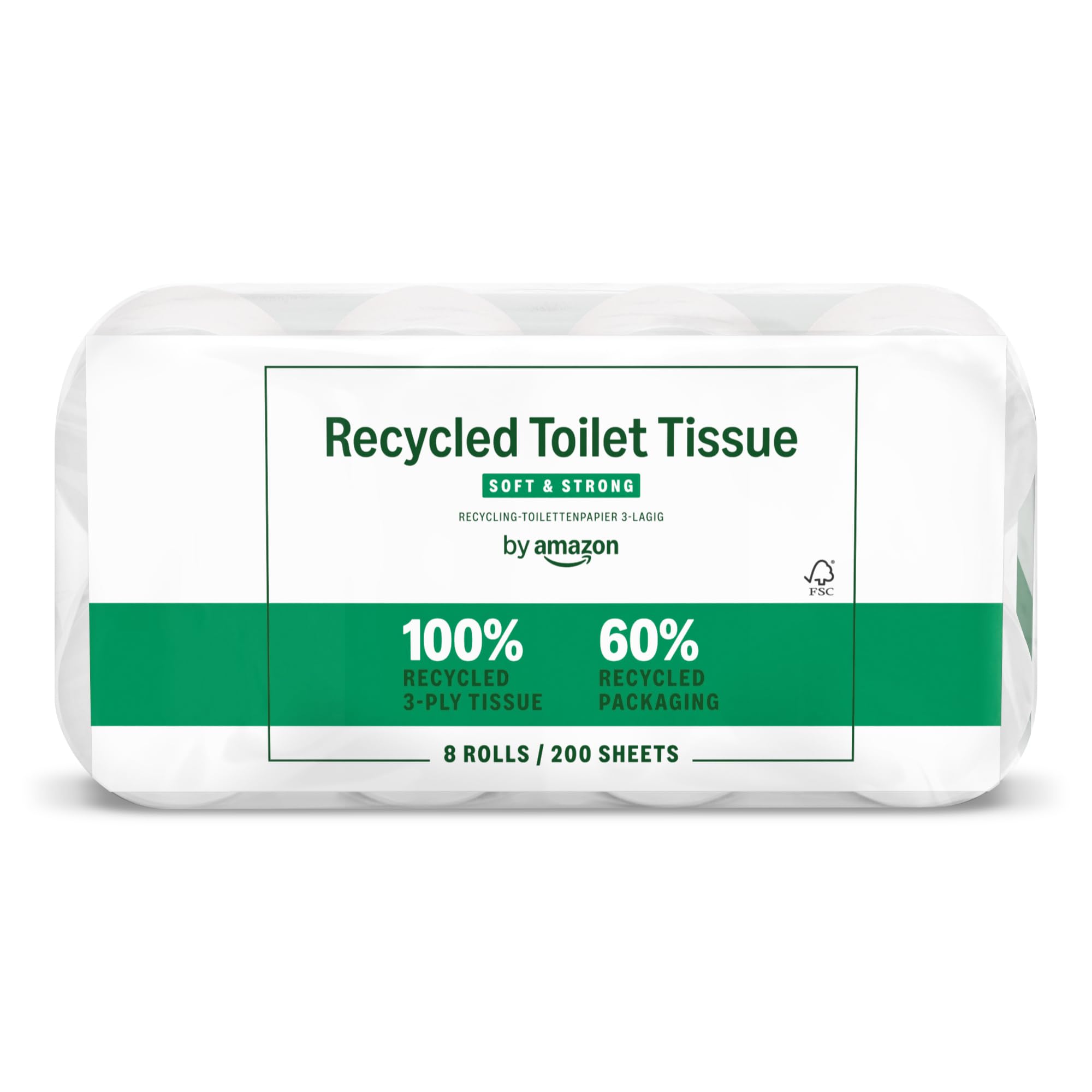 by Amazon ECO Toilettenpapier, 3-lagig 100% Recycelt, 8 Rollen (8 Rollen, 1-er Pack) 200 Blätter pro Rolle, FSC-Zertifiziert
