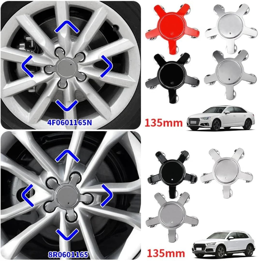 4 dekielki na piasty do Audi A1 A3 A4 A5 A6 A7 Q3 Q5 Q7 TT 135 mm 4F0601165N, zaślepki na felgi felgi dekielek centrum kół emblemat logo pokrowce na piasty kół akcesoria