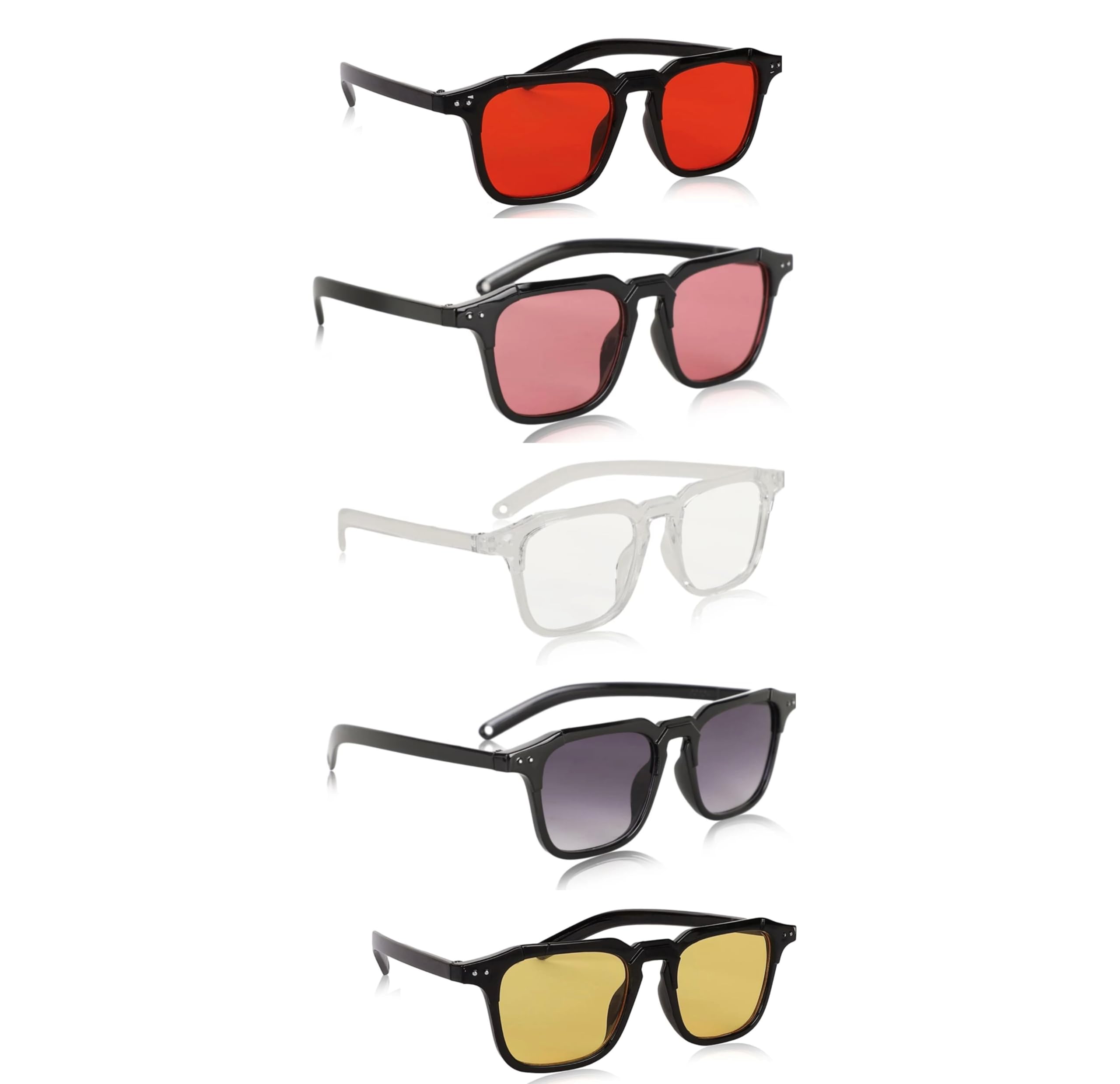 | Full Rim Square Branded Latest and Stylish Sunglasses | 100% UV Protected | Men & Women | Medium | Black And Transparent Frame/Red Pink Clear Black Yellow Lens - Pack of 5-image-19