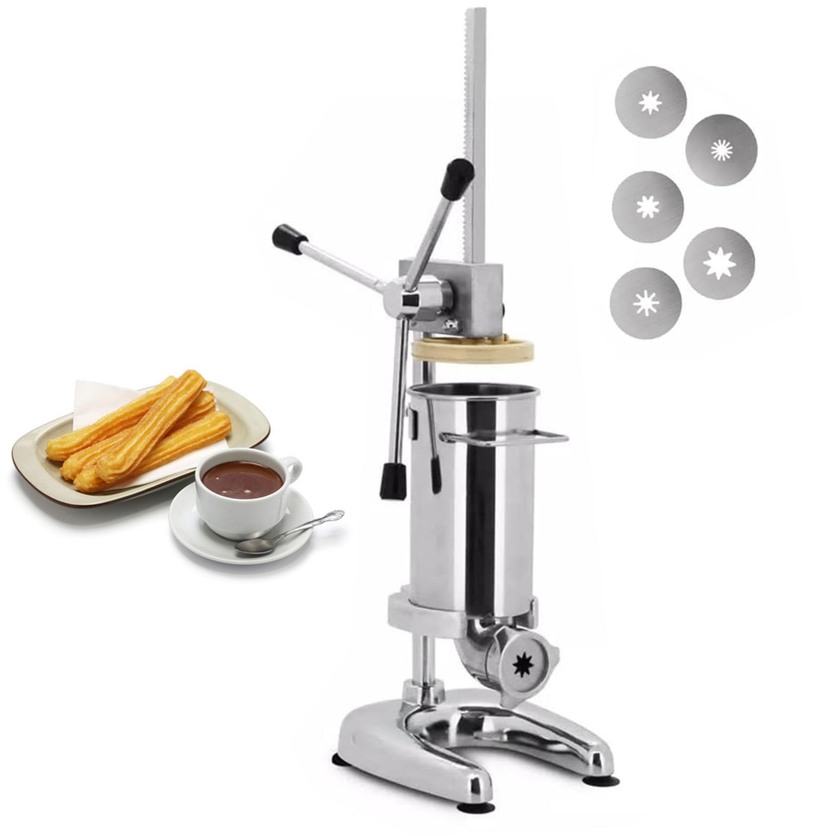 Ręczna maszyna do napełniania Churros Churros Pionowy hiszpański Churros Maker 5 szt. dysz ze stali nierdzewnej pionowa hiszpańska maszyna do napełniania Churros sprzęt do przekąsek 3L