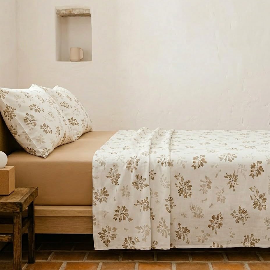 Juego sabanas 100% algodón, Flores Cama 80/90, con Funda de Almohada, Taupe.