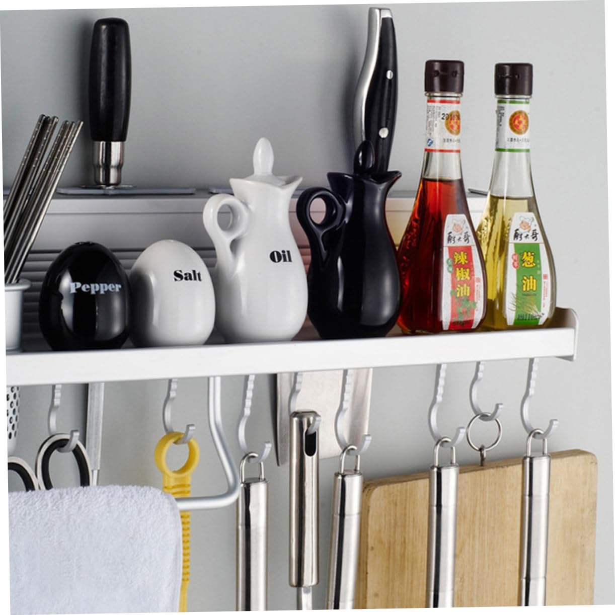OUNONA Wall-mount Gewürzregal Aus Aluminium Küchen Organizer Für Töpfe Pfannen Und Utensilien Mit Haken Und Aufbewahrungstassen Platzsparend Für Küche Restaurant Und Hotel