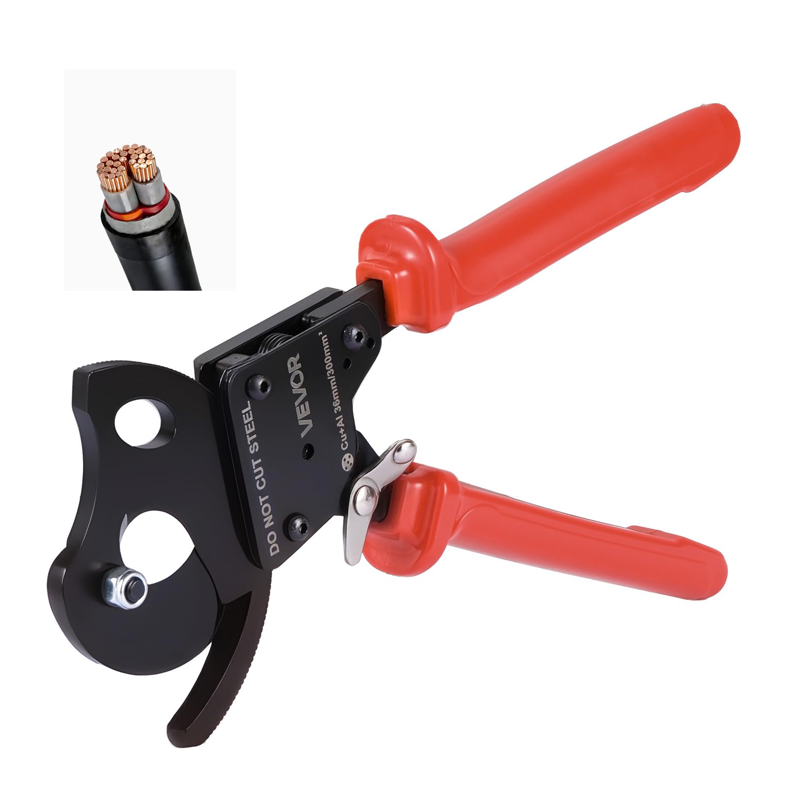 VEVOR Coupe Câble à Cliquet, Pince Coupe Câbles avec Lames en Acier à Ressort et Poignées Revêtues de PVC, pour Fils Cuivre-Aluminium jusqu'à 300 mm² 600 MCM, avec Bouton à Dégagement Rapide