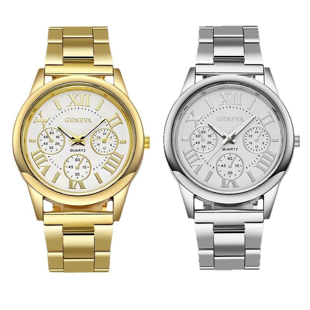Weicam Women Girls Wholesale 2 Pack Watch Set Roman Numerals Dial with 3 Decorated Small Sub-dials Men Business Stainless Steel Quartz Analog Wrist Watches