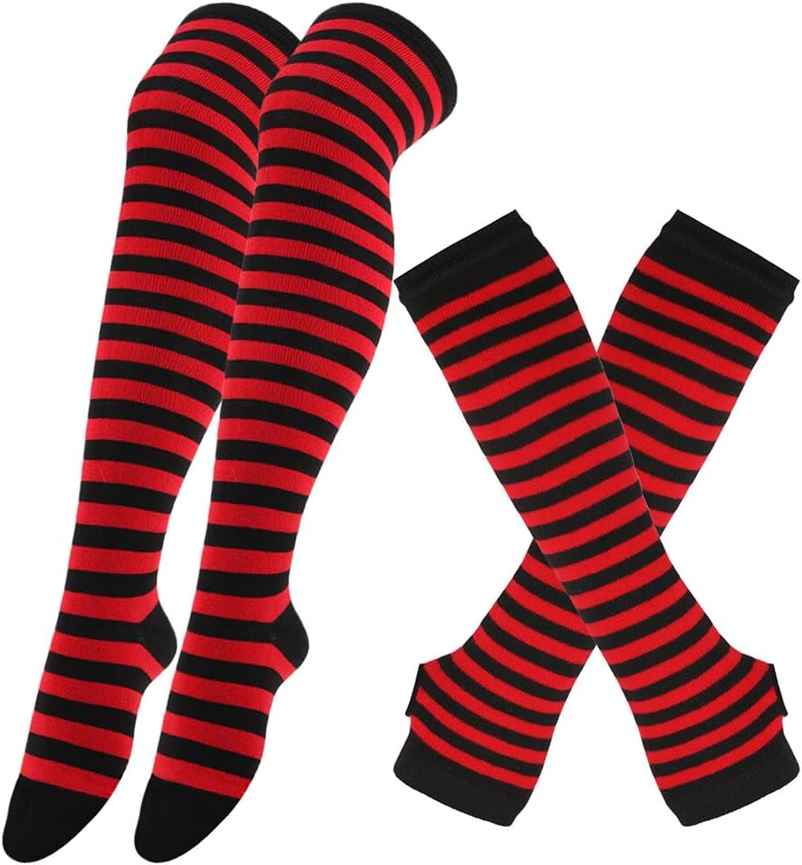 Eforcase Womens Striped Thigh High Socks Over Knee High Socks Leg Arm Warmer Long Fingerless Gloves Set for Christmas
