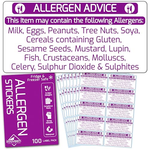 Innoveem Allergen Stickers 100 Food Allergy Labels All 14 Listed 55x27.5mm