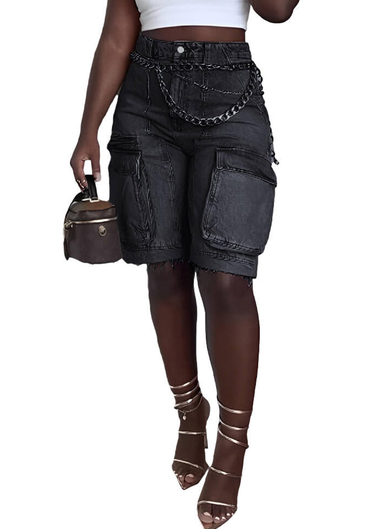 Damen Sommer Bermuda Knielang Denim Shorts Hohe Taille Casual Baggy Cargo Kurze Jeans Hosen Trendy