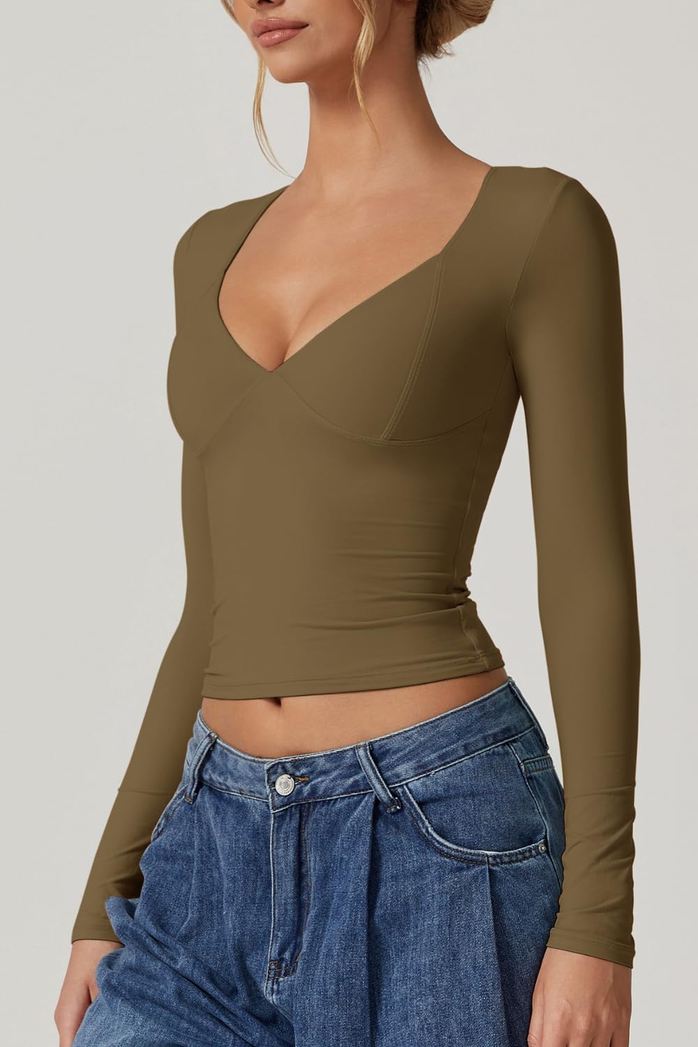 QINSEN Women's Long Sleeve V Neck T Shirts Double Lined Crop Top Seamed Cup Going Out Tops - Image 2