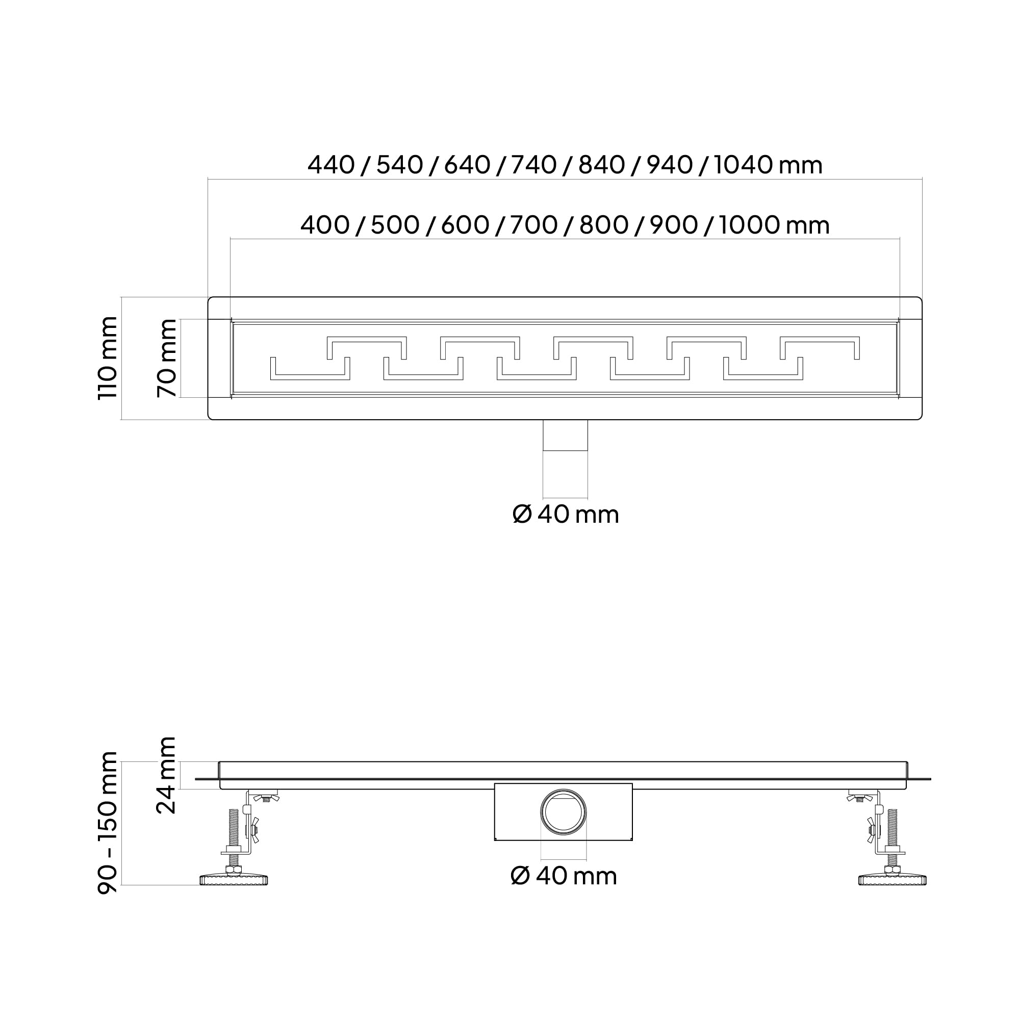 Canaleta de Ducha Rectangular de Acero Inoxidable Ultra Plana Medida 100cm - Modelo R4 Desagüe de Borde Griego plateado