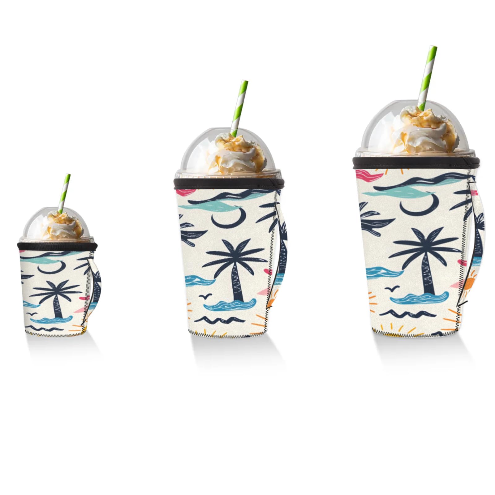 Beach Sun Coconut Tree Reusable Neoprene Coffee Sleeve with Handle Insulated Iced Coffee Cup Holder Reduces Condensation Fits 24-28 oz Cups M