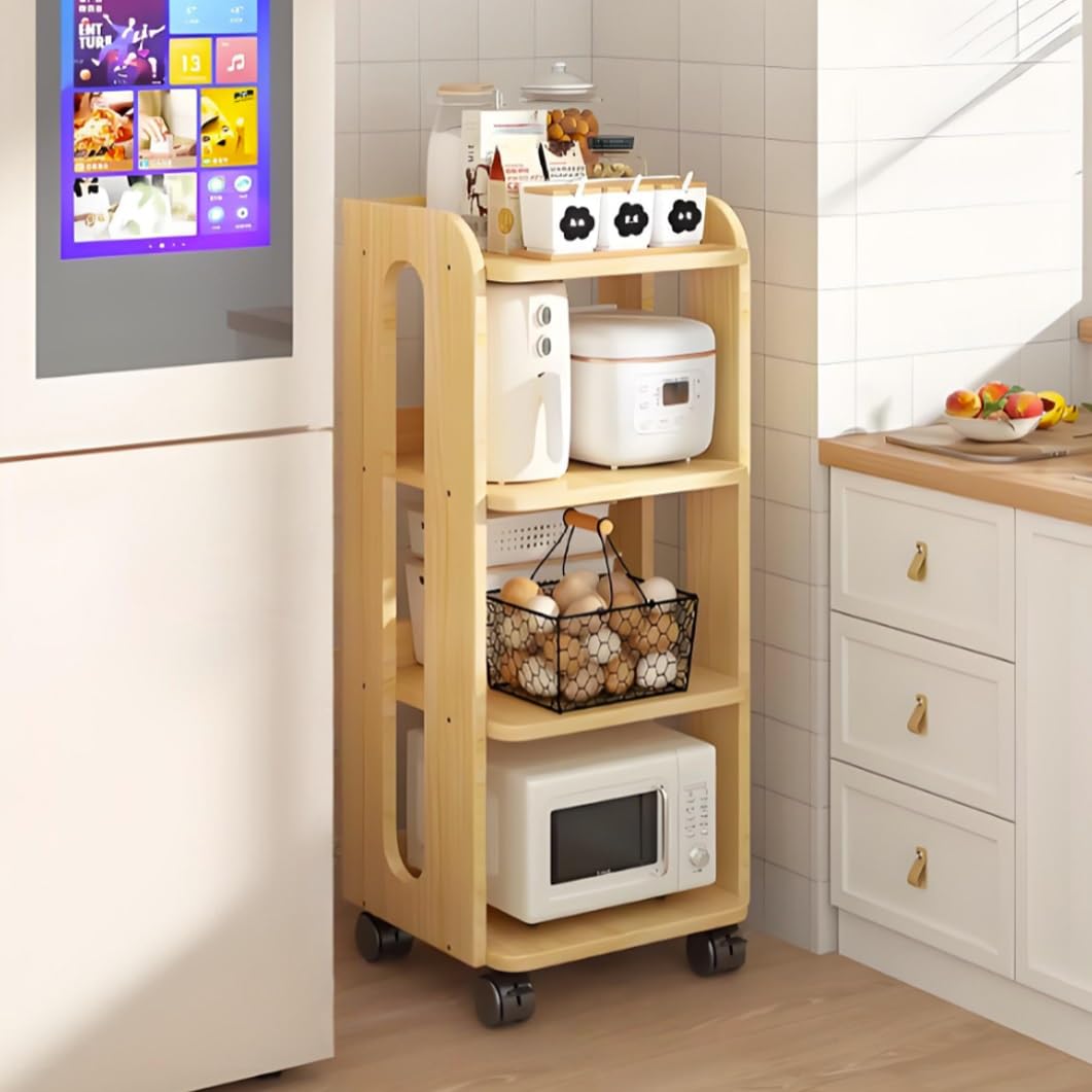 YVYKFZD Carrito de Almacenamiento Estrecho De Pie, Carro de Cocina Delgado De Madera, Carrito Auxiliar con Ruedas, Carro de Almacenamiento Organizador Independiente(Wood,4 Tier 18.1"x10.2"x39.1")