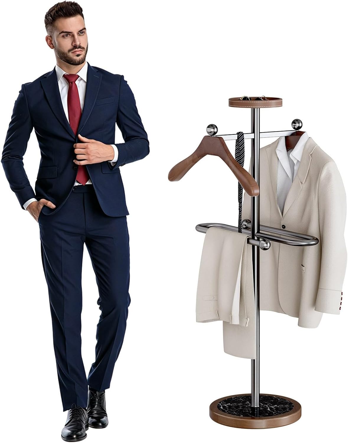 Suit Valet Stands for Women and Men, Solid Wood Freestanding Suit Rack Organizer with Top Tray, Stable Base for Bedroom, Entryway Home, Living Room, Office
