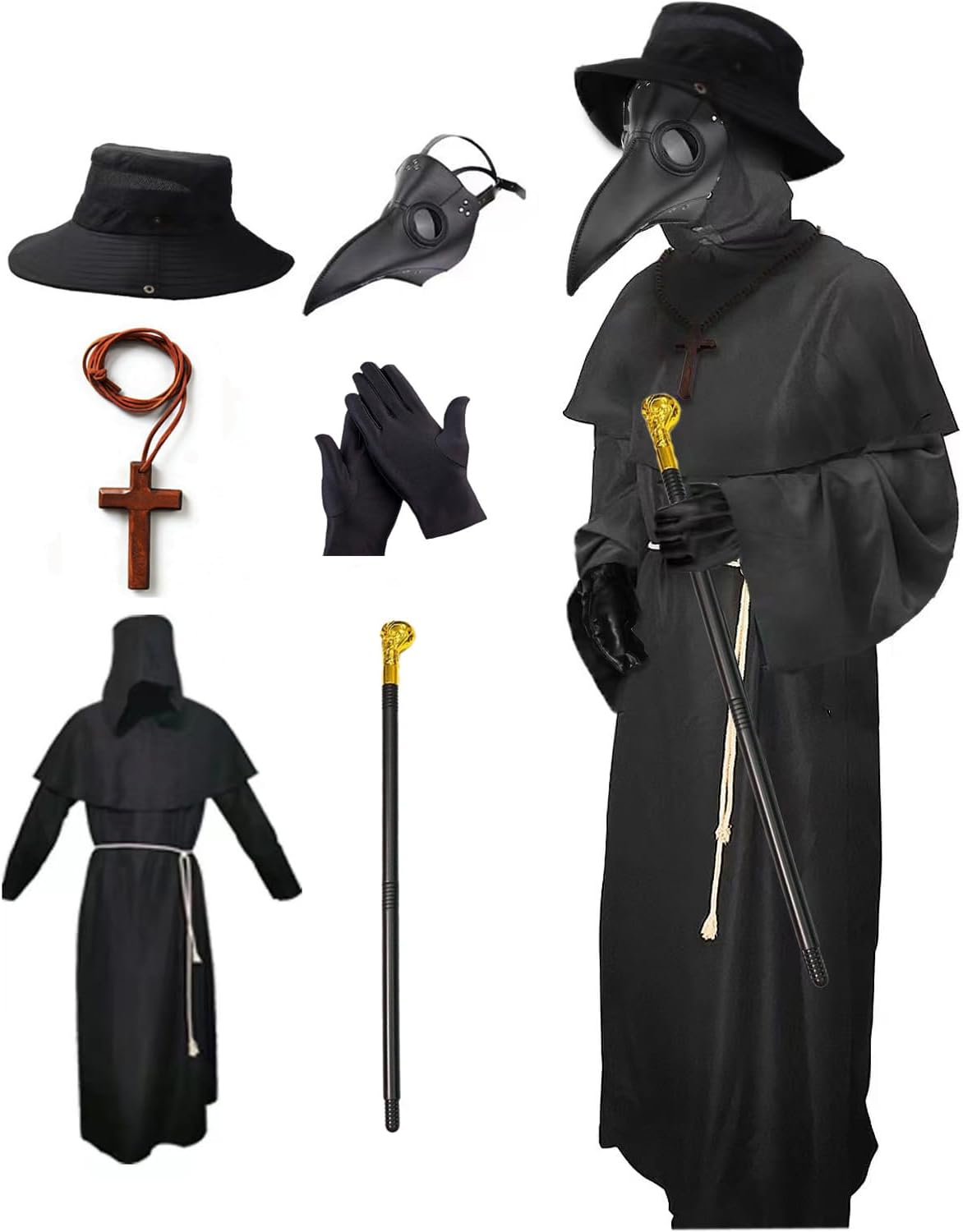 Plague Doctor Costume Halloween Costumes for Adults Men Plague Dr Outfit 6 in 1 Set