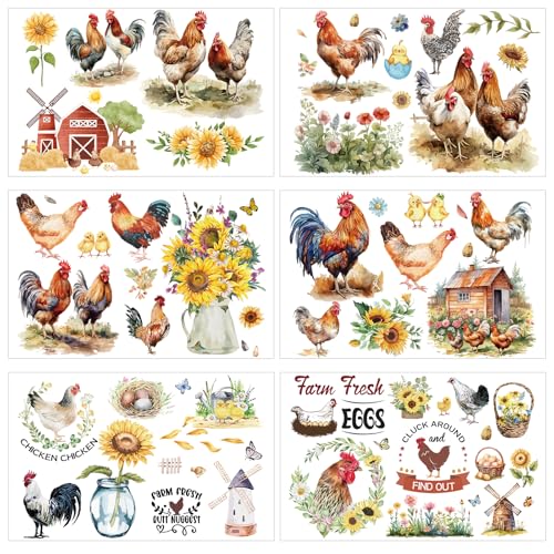 Shejdgart Chicken Rub on Transfers for Crafts - 6 Sheets Farm Rub on Transfer Stickers for Furniture Sunflower Rub on Transfers for Wood Glass Scrapbook DIY Home Decor 11.8x7.9 Inch