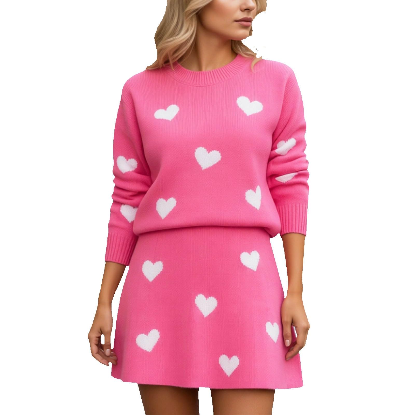 Ensemble deux pièces femme jupe et pull décontracté à motif cœur pour un style quotidien élégant