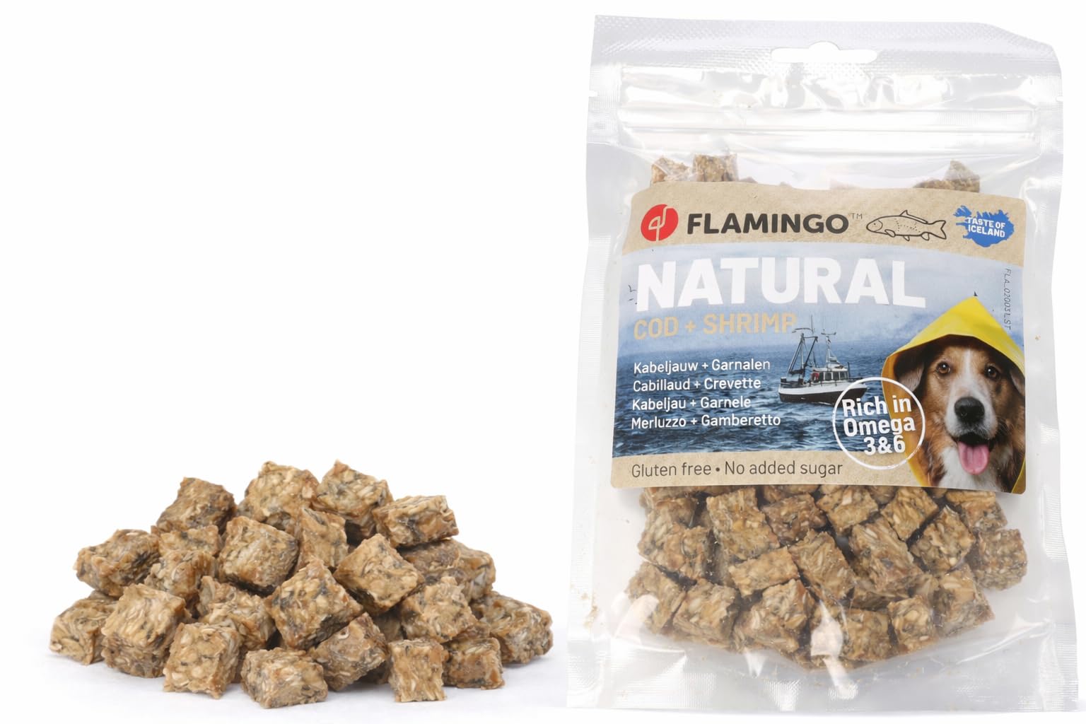 Leckerli Hund – Kabeljau & Garnele Stückchen – 75g – Proteinreich & natürlich getrocknet – Flamingo