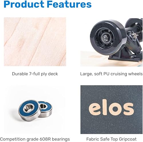 Vista 5 de Elos Mini Longboard Cruiser Skateboards - Tabla de madera ligera, portátil y duradera para principiantes y jinetes experimentados