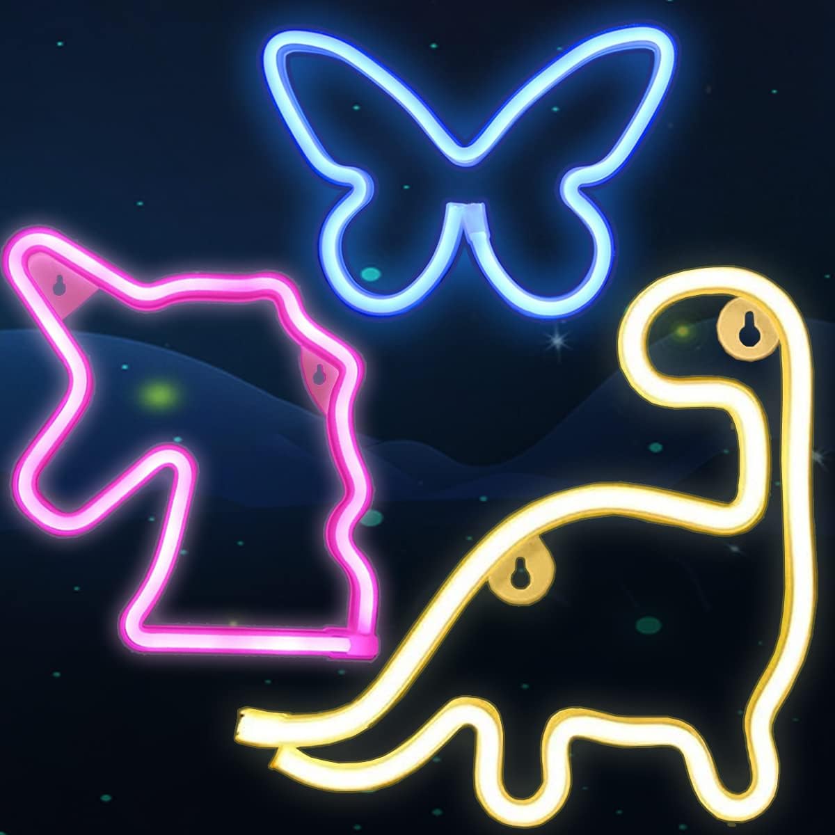 3PCS LED Neon Night Lights, Butterfly Dinosaur Fairy Tale Themed Wall Light Decor for Kids Room with USB & Battery Powered